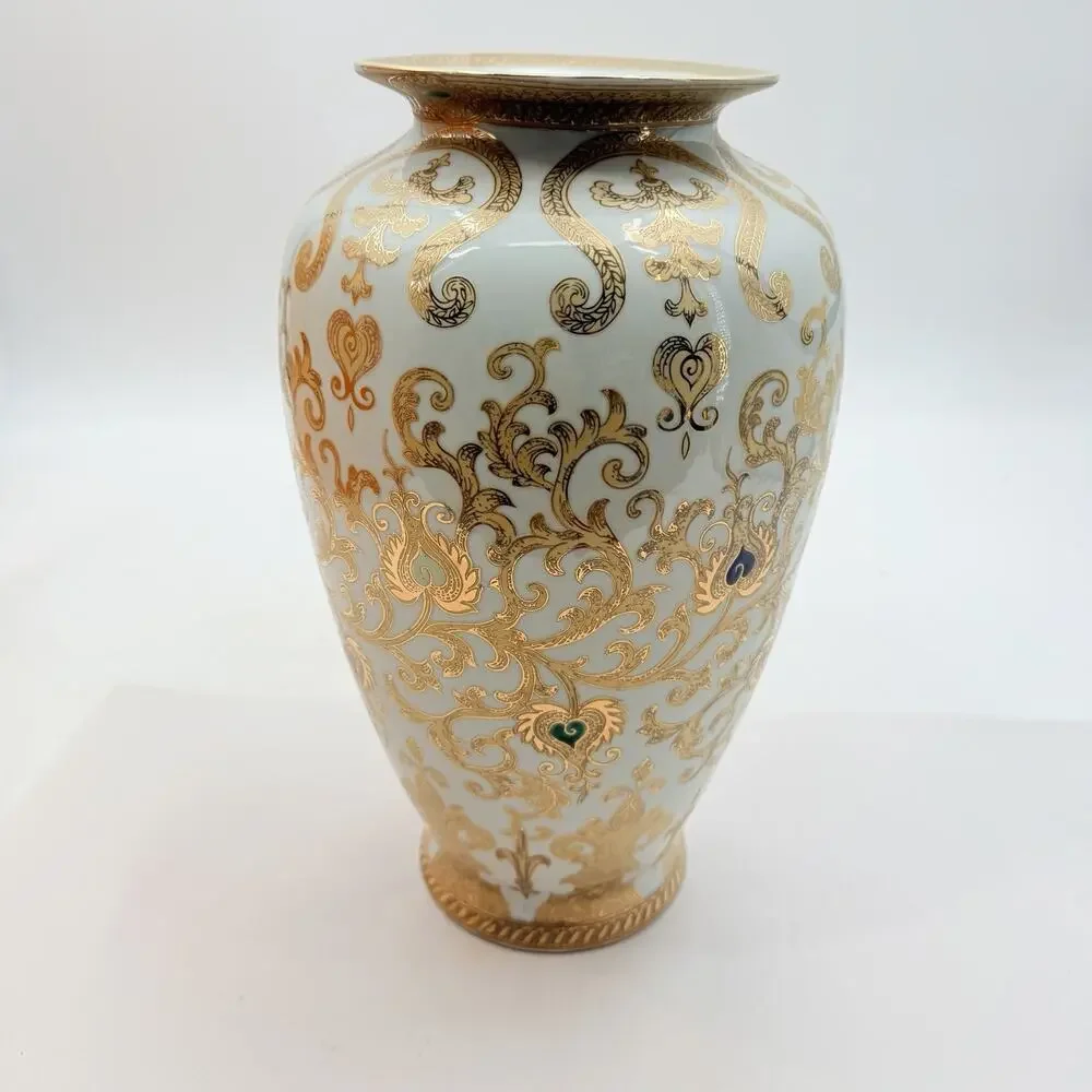 Arabesque White with Enameled Gold Flowers & Scrolls Ceramic Vase 14.5